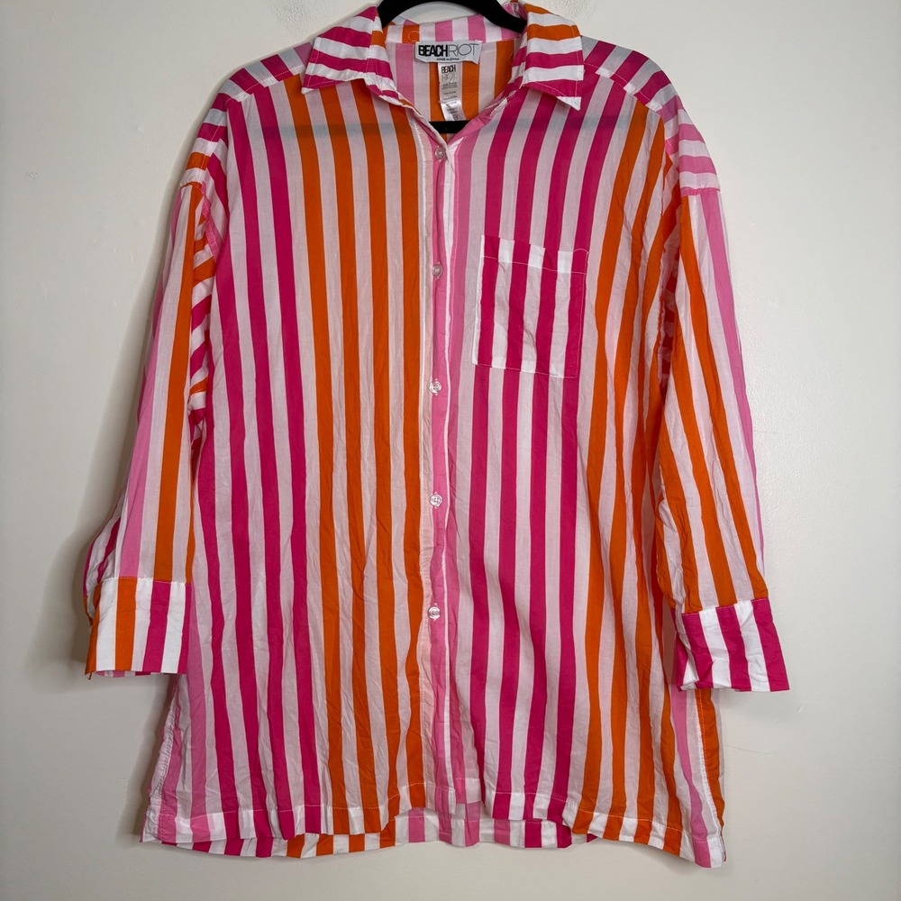 BEACH RIOT Striped Oversized Button Down Shirt Tunic Pink Orange White S M
